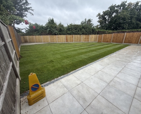 large porcelain patio and turfing project completed in Nottingham